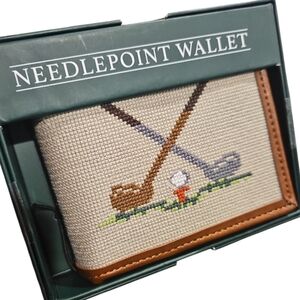 NEW! NEEDLEPOINT Golf Bi-fold Leather CC Holder Classic Style Wallet.